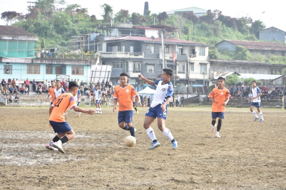 Players of Zonipang Sporting Club and Sports Society Soyim in action on the fifth day of the ongoing MDFA Trophy 2024 at Imkongmeren Sports Complex on October 19.